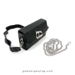 کیف باکسی دوشی زنانه مشکی بند زنجیر نقره ای و قفل خاص-نمای کامل