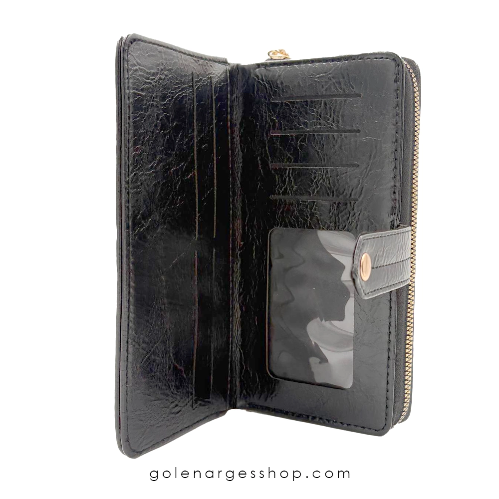 کیف پول زنانه چرم مشکی با جیب زیپی و قفل دکمه‌ای -داخل کیف